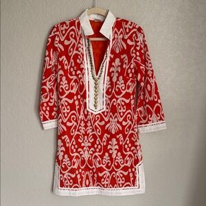 Red and White Patterned Women's Tunic Dress